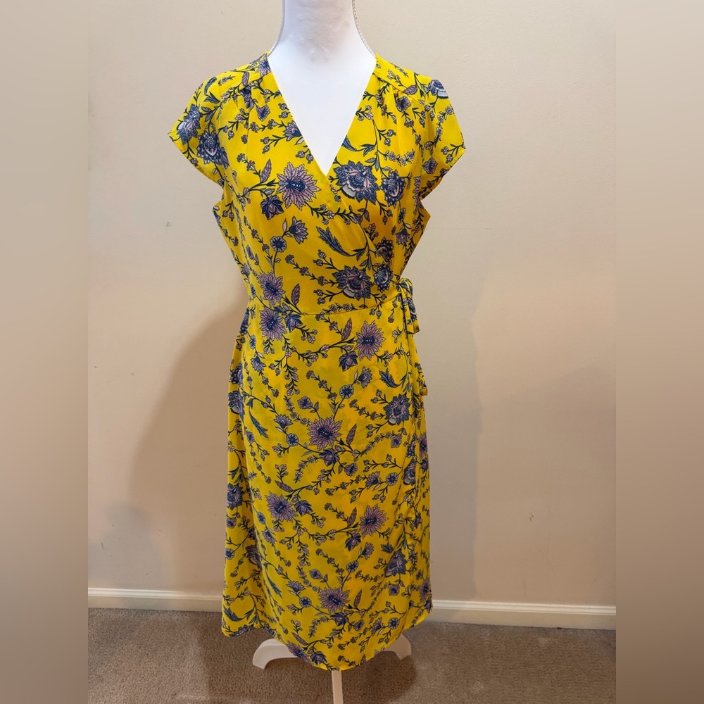 Banana Republic Yellow and Blue Floral Midi Wrap Dress Size 10P
